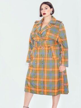 Hilary MacMillan Plaid Belted Trench Coat in Orange & Blue